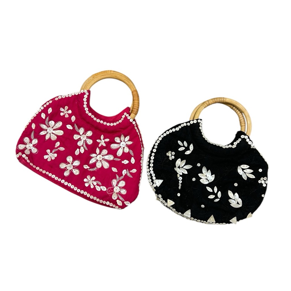 Elegant Floral Embellished Beaded Handbag Set - Pink and Black